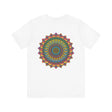 A vibrant mandala tee with intricate patterns and soothing colors, promoting spiritual peace and harmony