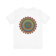 A vibrant mandala tee with intricate patterns and soothing colors, promoting spiritual peace and harmony