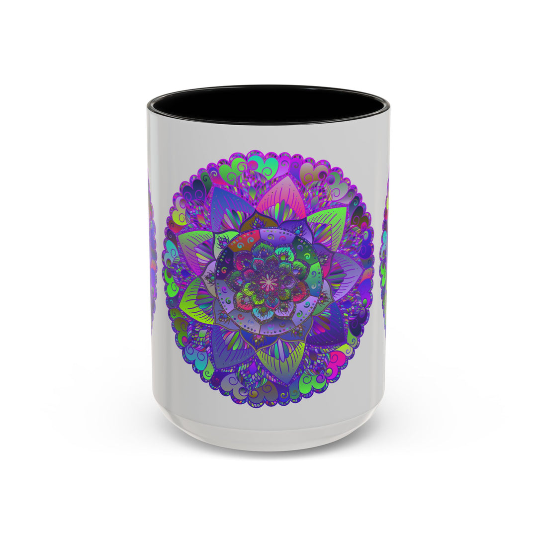 Exquisite light grey mug featuring a detailed mandala art design