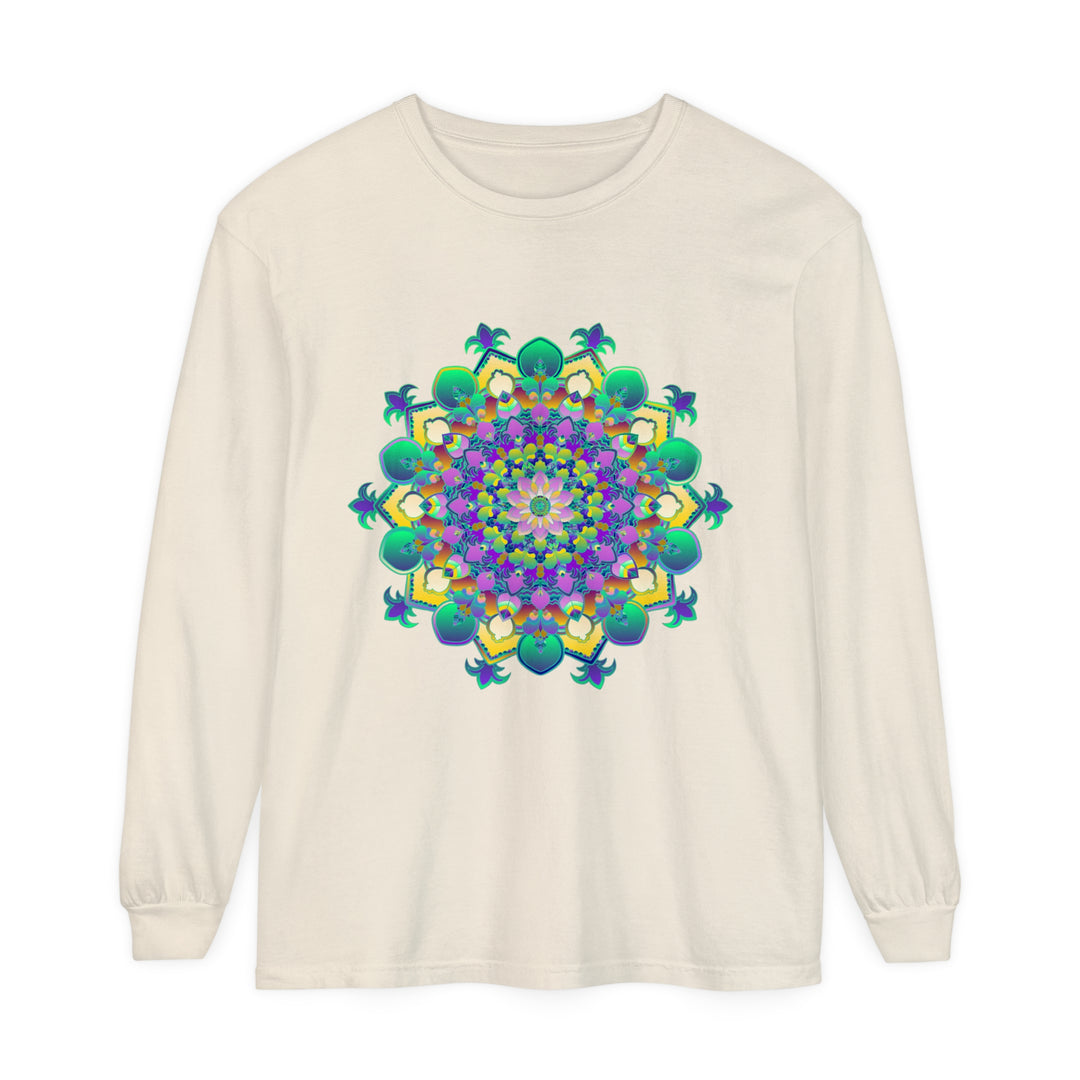 Beautiful long sleeve t-shirt featuring an intricate mandala design in vibrant colors