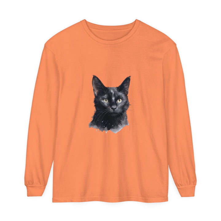 Black Cat Watercolor Unisex Long Sleeve T-Shirt featuring a beautiful watercolor design of a black cat on a comfortable, long-sleeve unisex t-shirt