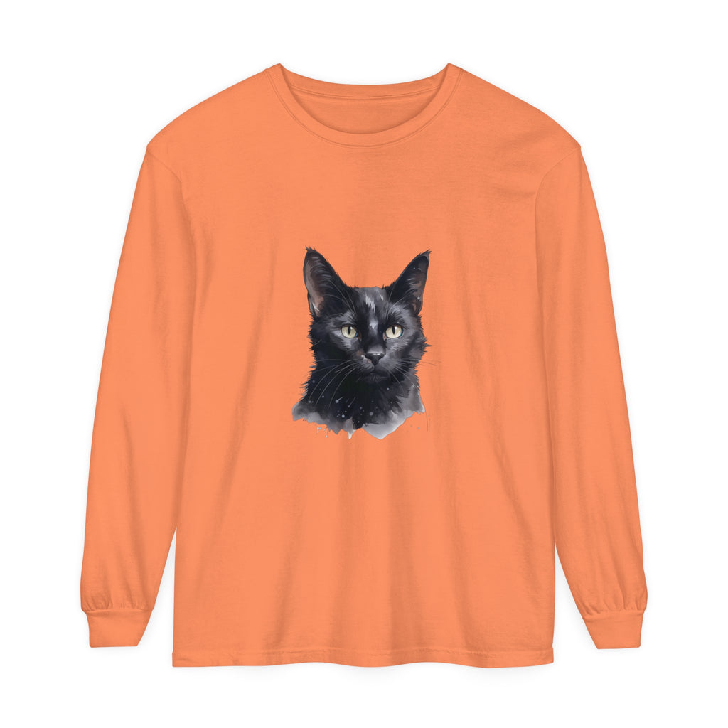 Black Cat Watercolor Unisex Long Sleeve T-Shirt featuring a beautiful watercolor design of a black cat on a comfortable, long-sleeve unisex t-shirt