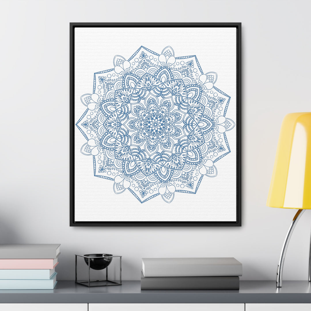 Beautiful steel blue mandala design wall art handmade on gallery canvas wraps in a vertical frame