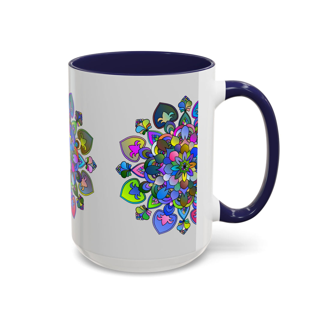 Beautiful and intricate colorful mandala design featuring floral art on a grey background, showcased on a ceramic mug