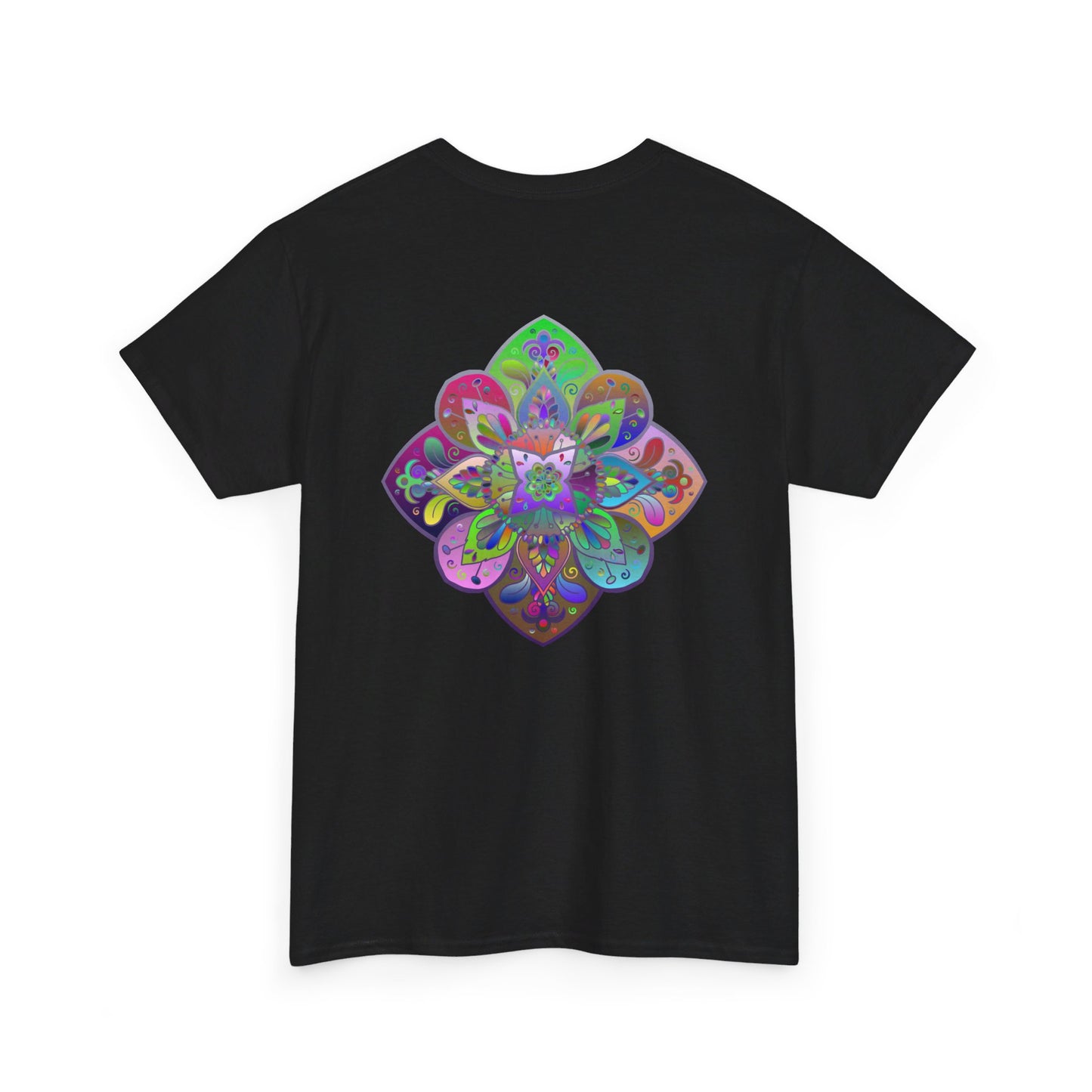 Colorful mandala art design printed on a comfortable unisex heavy cotton t-shirt for yoga and mindfulness practice