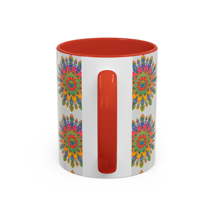 Colorful mandala mug featuring vibrant and intricate art on a grey background