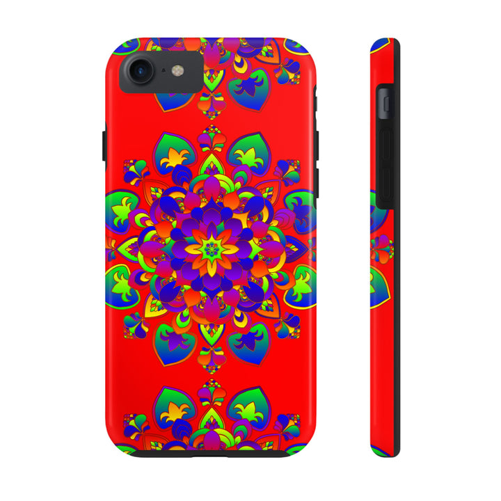 Hand-drawn red mandala art phone case, featuring intricate floral patterns and vibrant colors