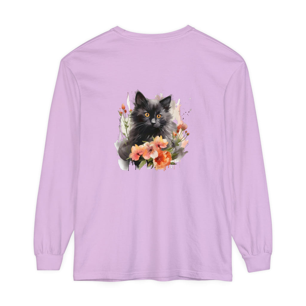 A beautiful watercolor t-shirt featuring a black cat surrounded by colorful flowers