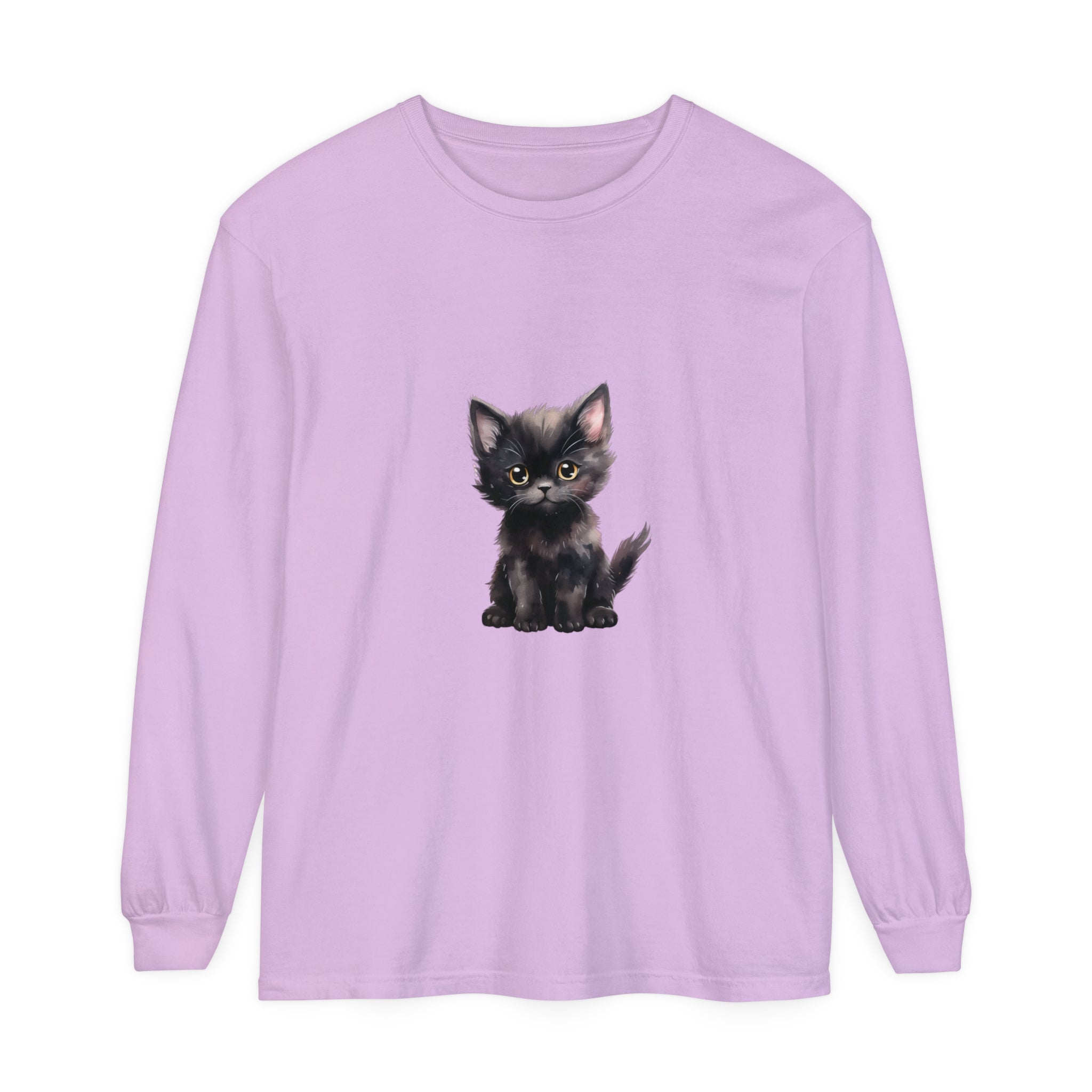 Adorable black kitten with striking yellow eyes on a cozy long sleeve t-shirt