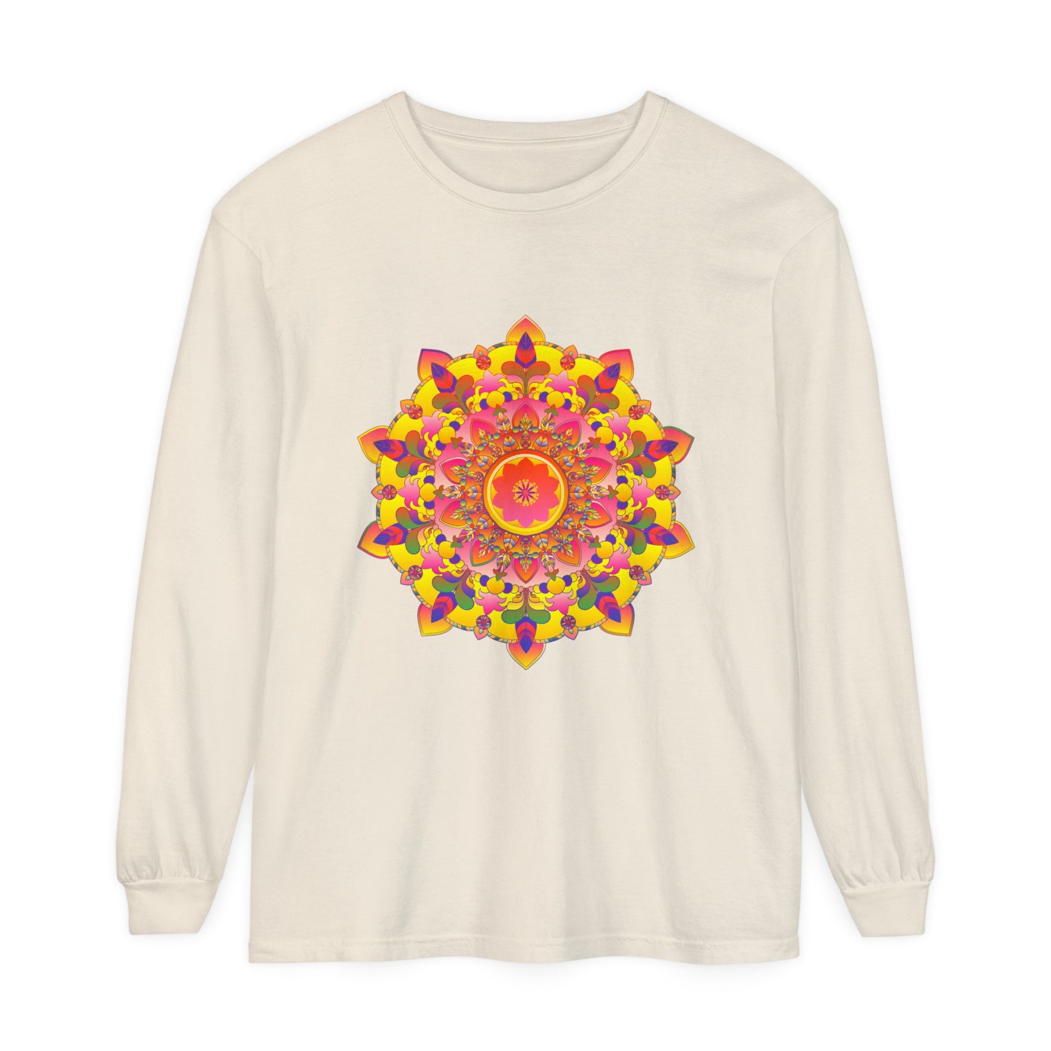 Colorful and intricate mandala design on a comfortable unisex long sleeve t-shirt