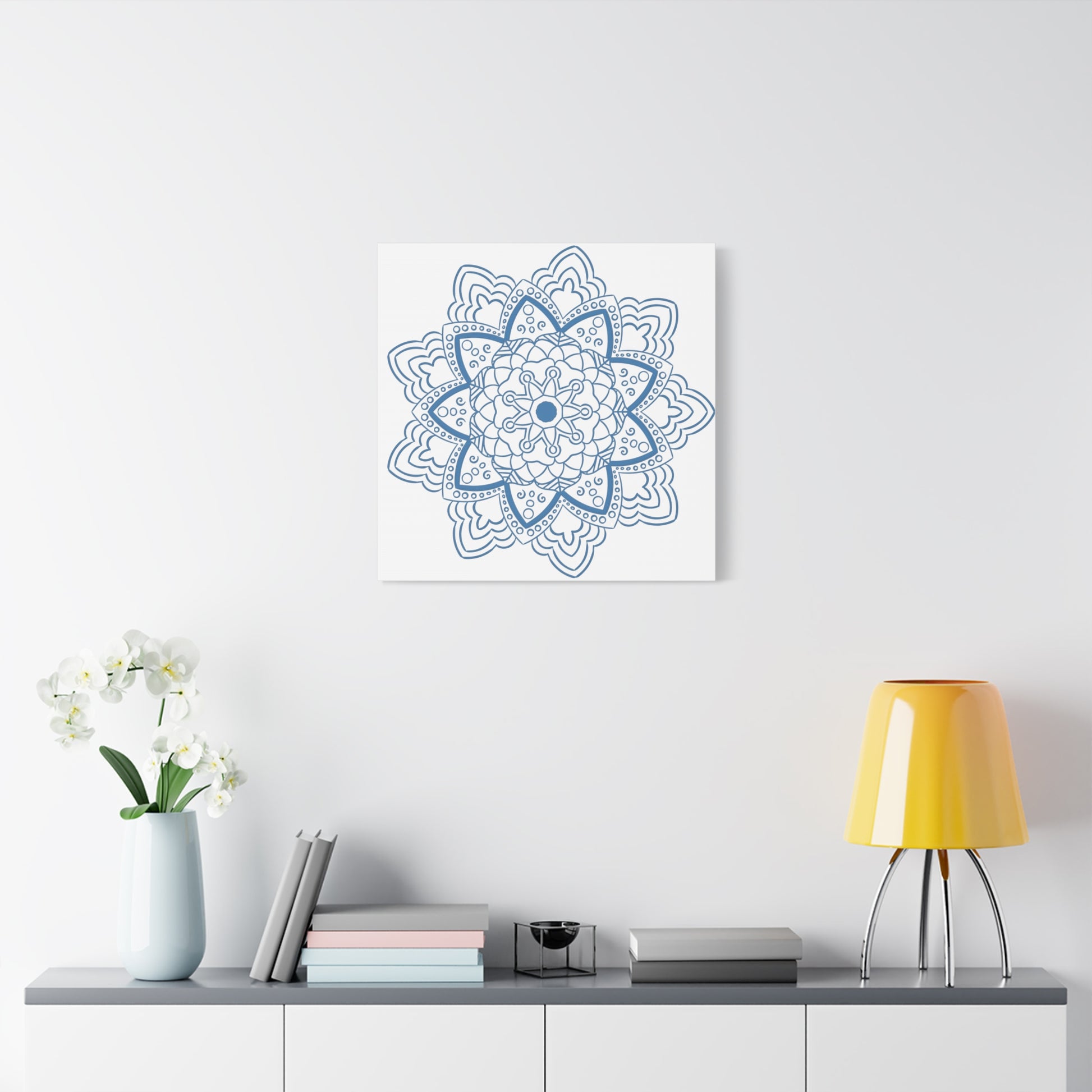 Handmade Mandala Art in Steel Blue on Matte Canvas, Stretched and 125 thick