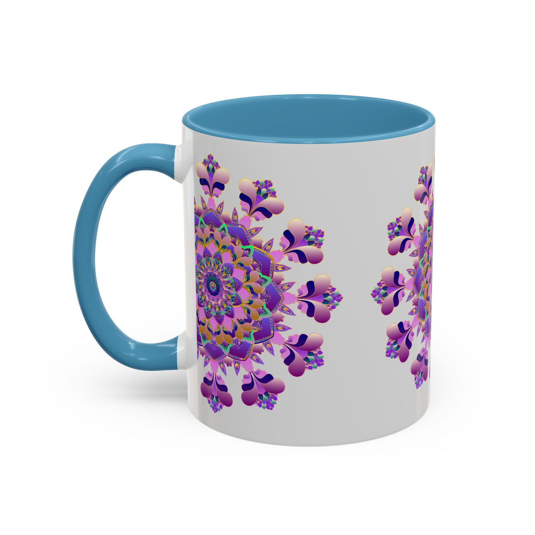 Beautiful handmade ceramic mandala mug with intricate purple and pink floral design