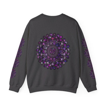 A comfortable and stylish unisex heavy blend crewneck sweatshirt featuring a vibrant purple mandala design