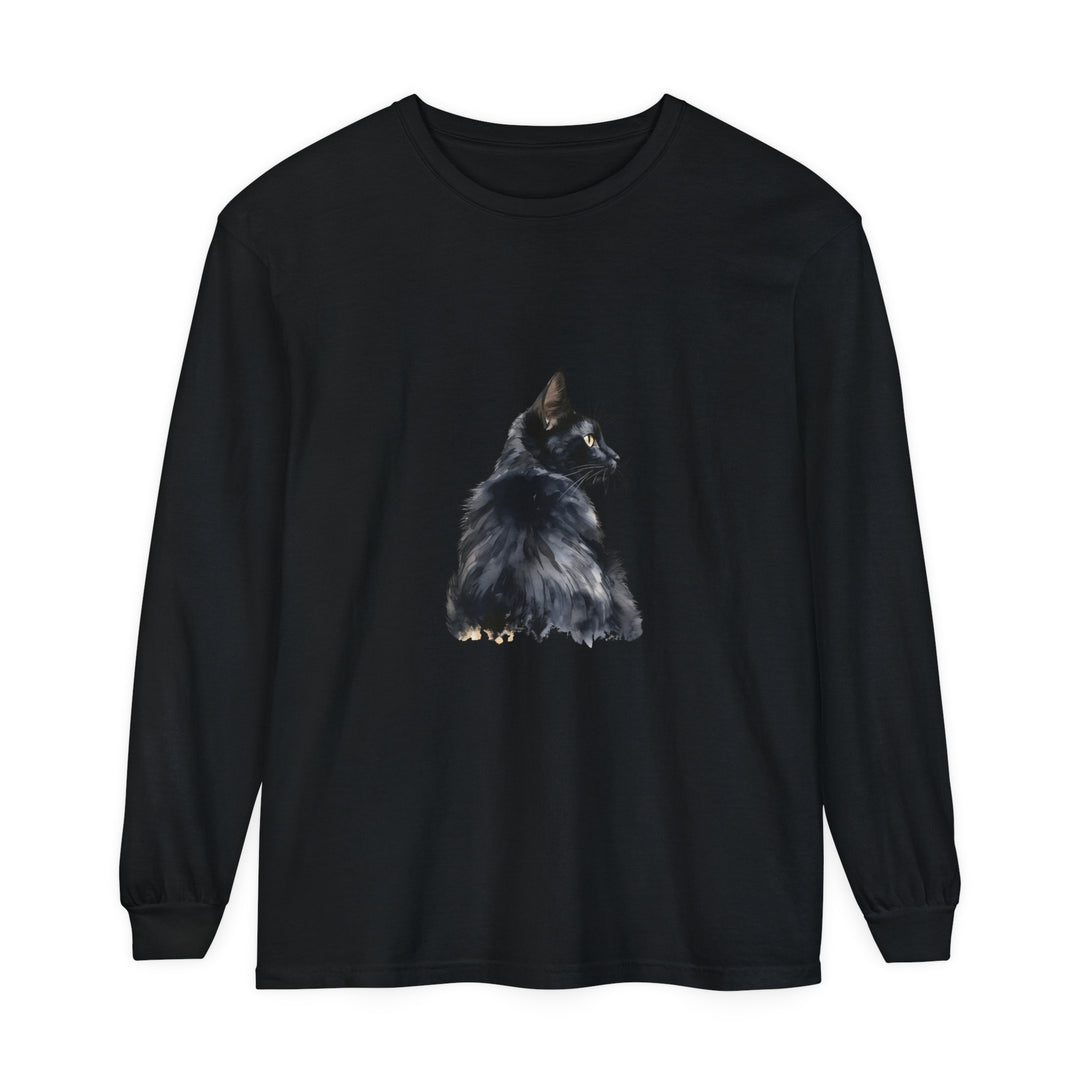 Black Cat Watercolor Long Sleeve T-Shirt with vibrant feline design