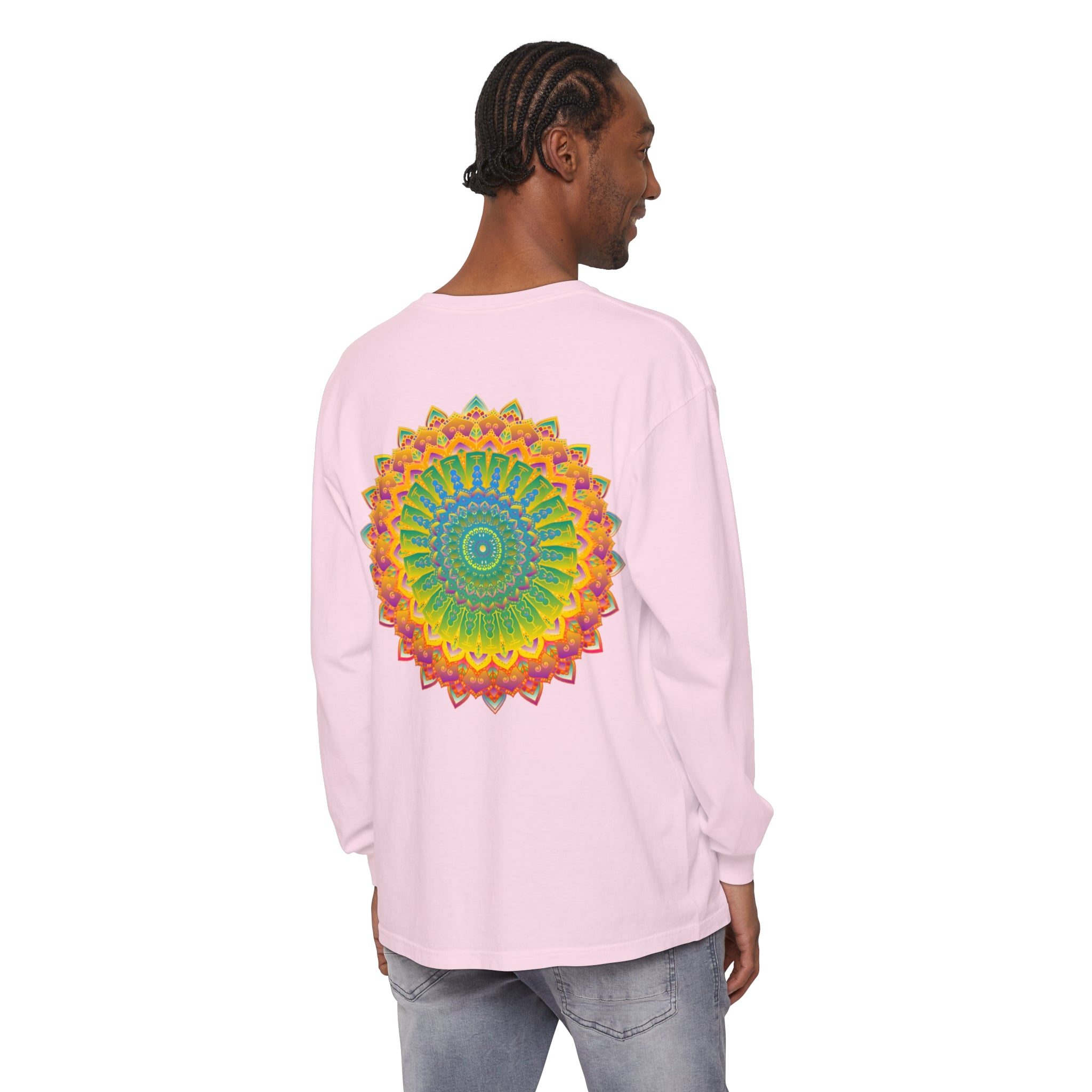 Intricate mandala design featuring vibrant colors on a unisex long sleeve t-shirt