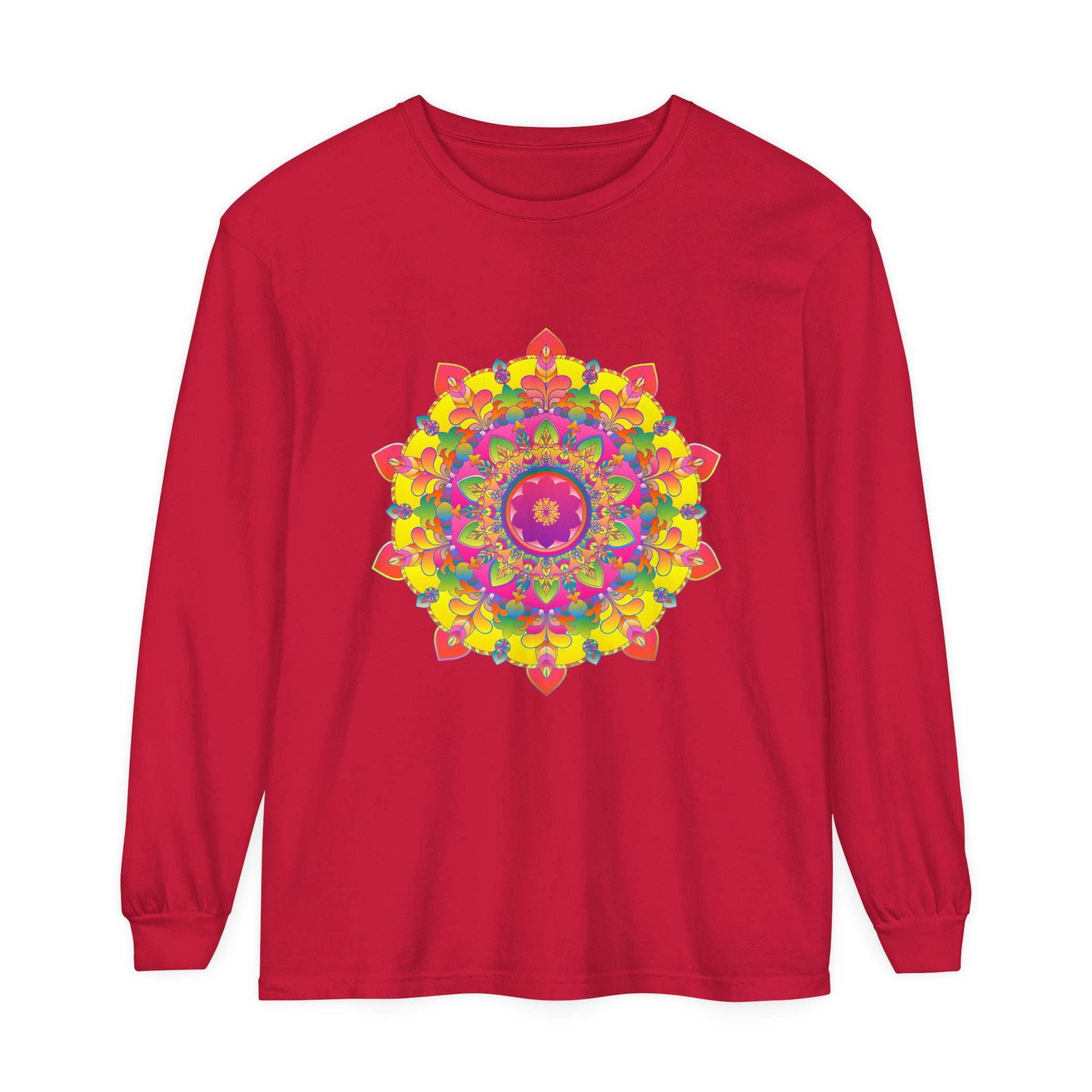 Colorful and intricate mandala design long sleeve t-shirt for a vibrant and stylish look