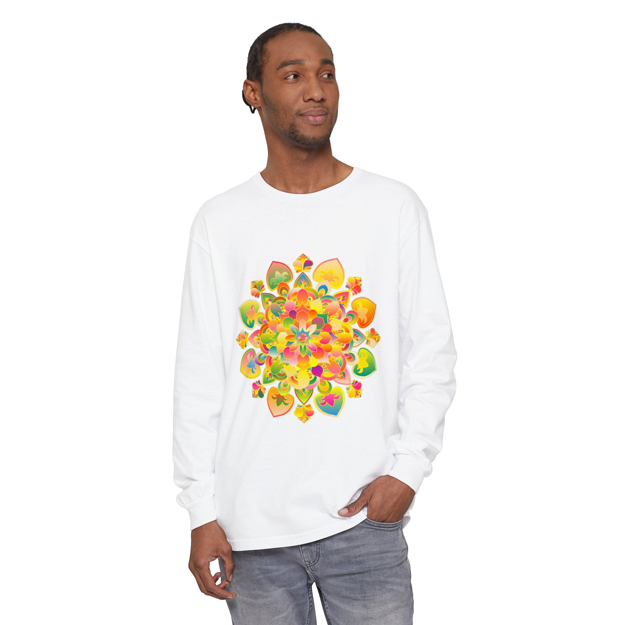 Bohemian style long sleeve t-shirt featuring a bold mandala print