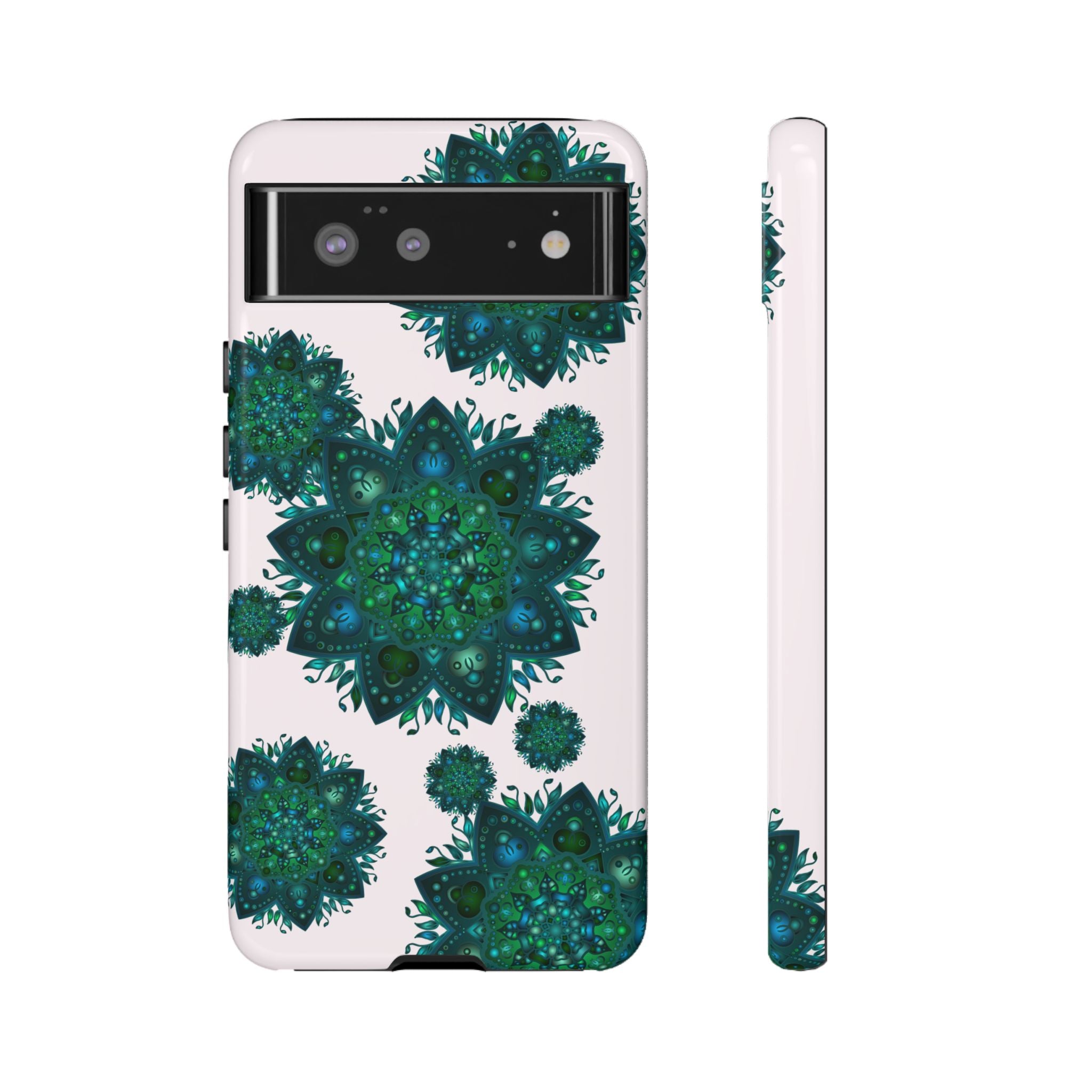 Beautiful light pink and green mandala phone case with peaceful design