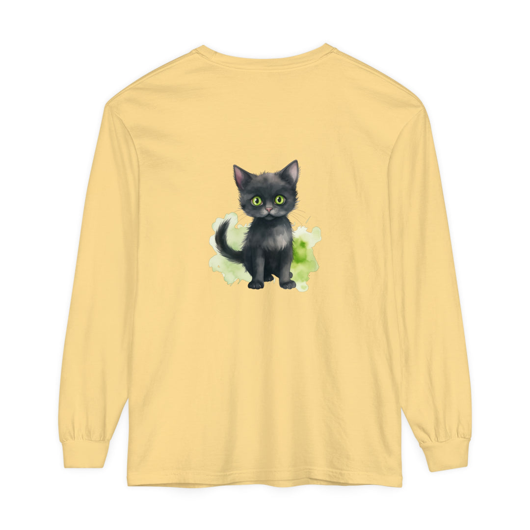 Black Cat Watercolor printed on a comfortable, high-quality long sleeve t-shirt