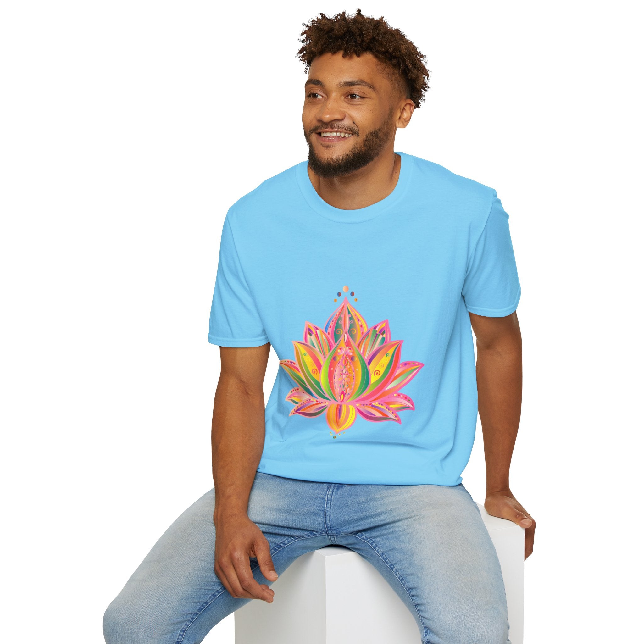 Beautiful lotus mandala unisex t-shirt with hand-drawn unique design by Blululi