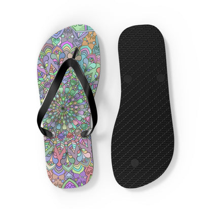 Mandala art hand drawn flip flops with vibrant colors and patterns