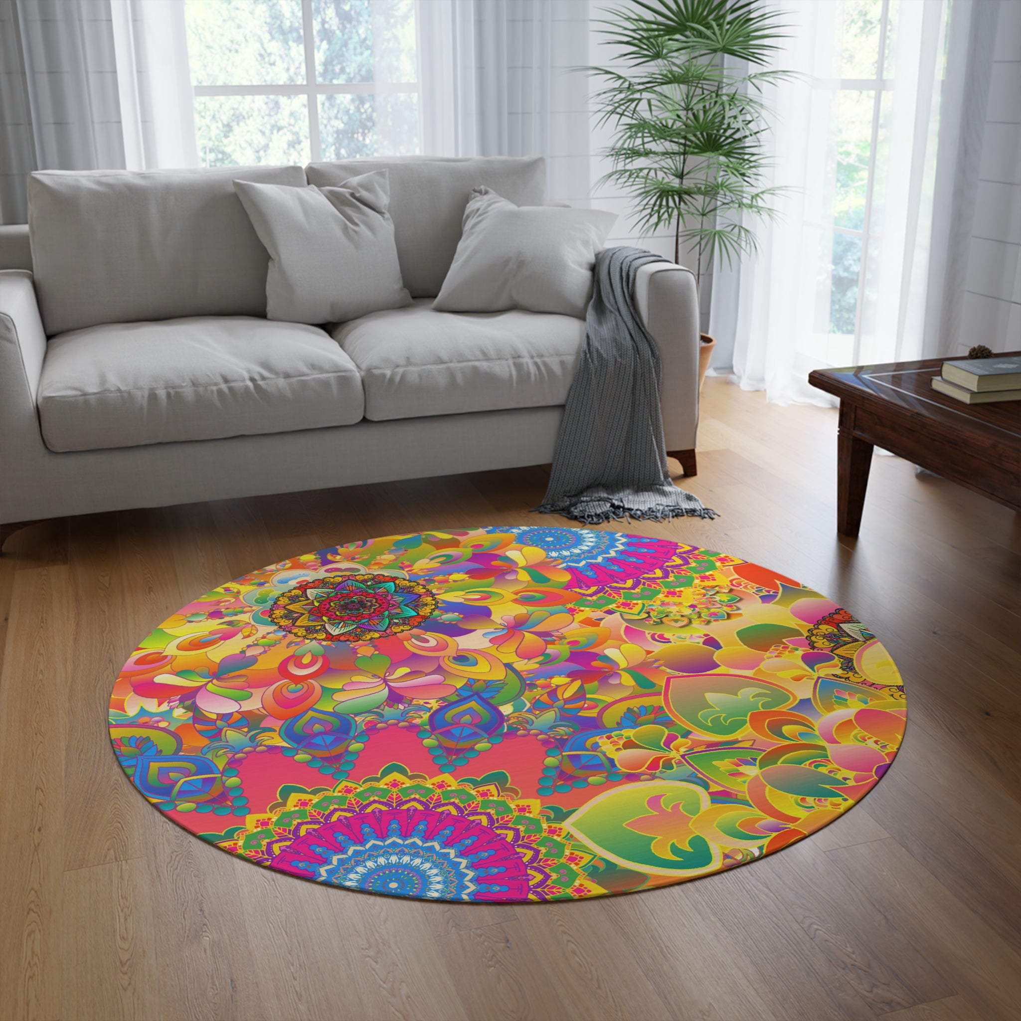 Psychedelic Floral Mandala Round Rug