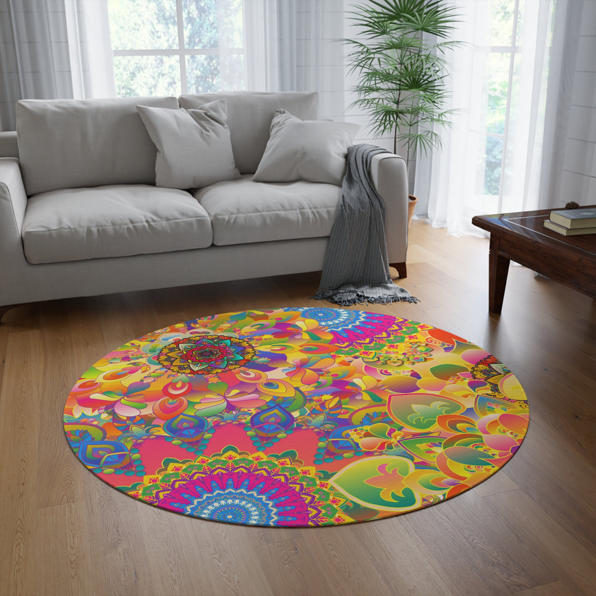 Psychedelic Floral Mandala Round Rug