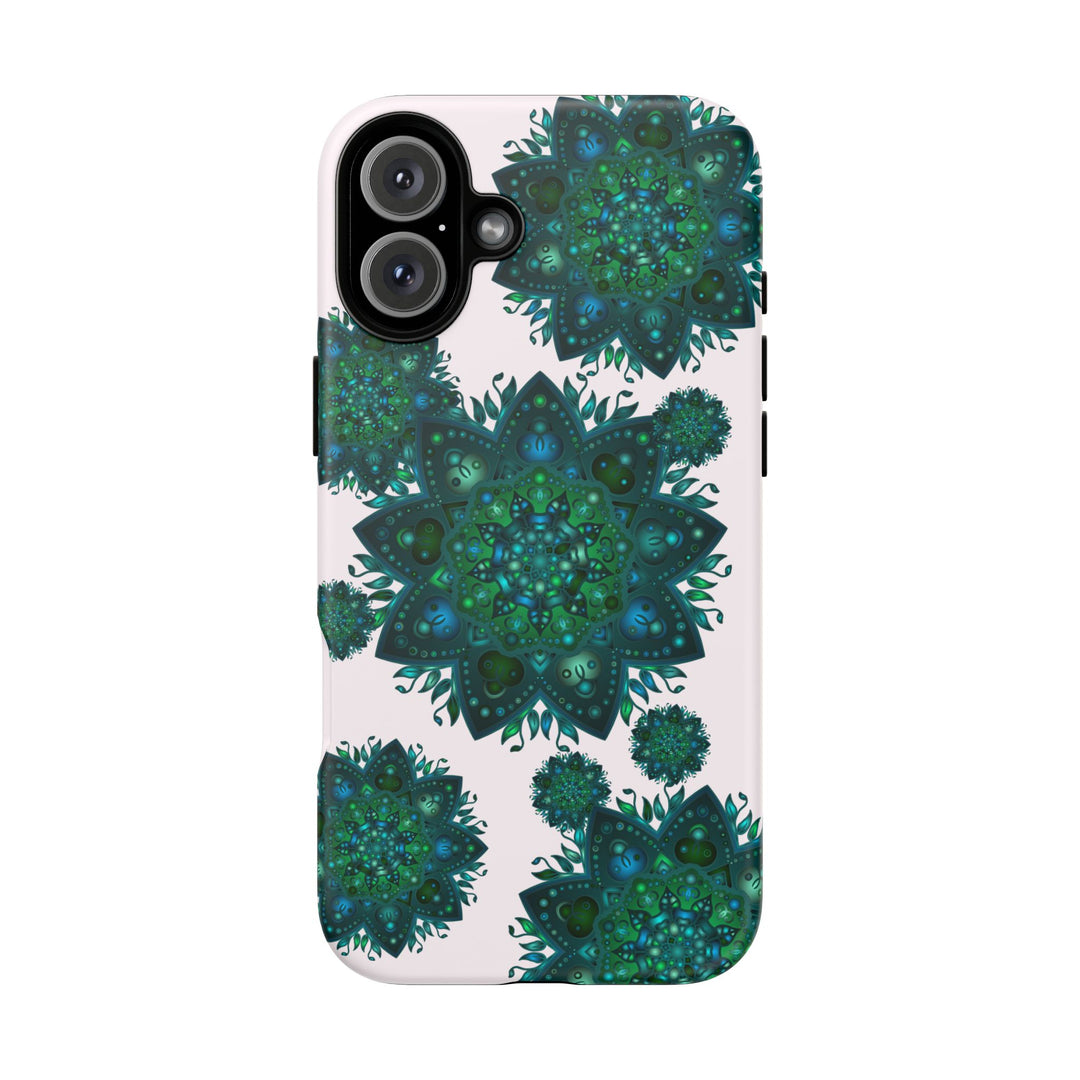 Beautiful light pink and green mandala phone case with a peaceful and intricate design