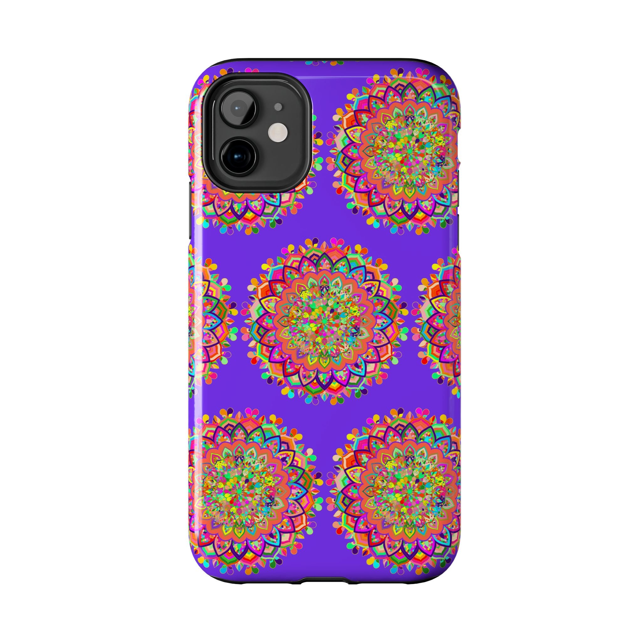 Hand drawn intricate small purple mandala art phone case designed for iPhone X and XS, showcasing unique and detailed craftsmanship