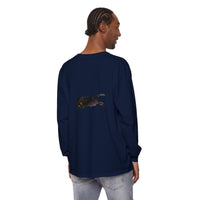 A comfortable and stylish unisex long sleeve t-shirt featuring a sleeping black cat design
