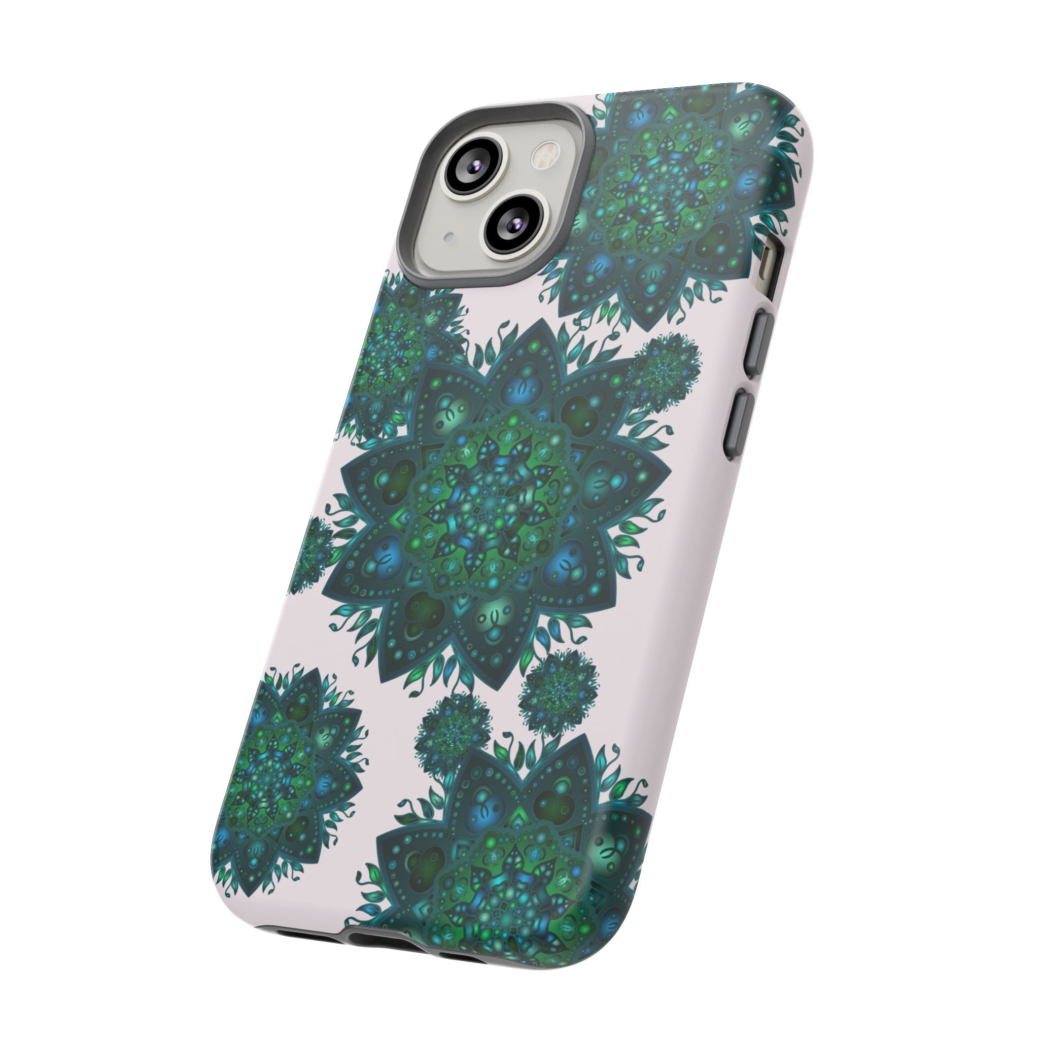 Beautiful light pink and green mandala phone case with a peaceful and intricate design