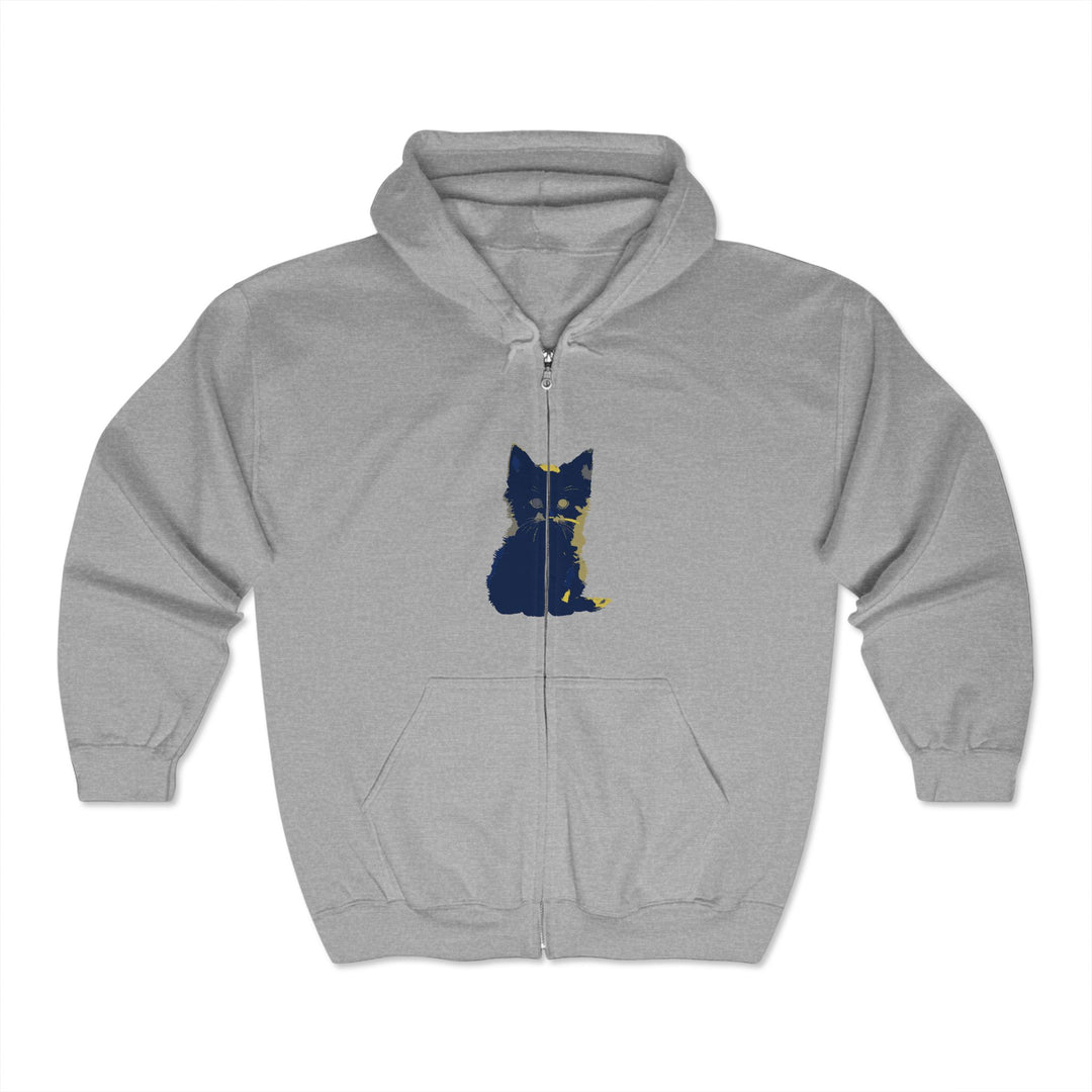  Side view of the Mystical Blue Cat Watercolor Hoodie showcasing the cozy hood and front pocket