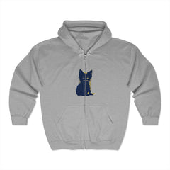  Side view of the Mystical Blue Cat Watercolor Hoodie showcasing the cozy hood and front pocket