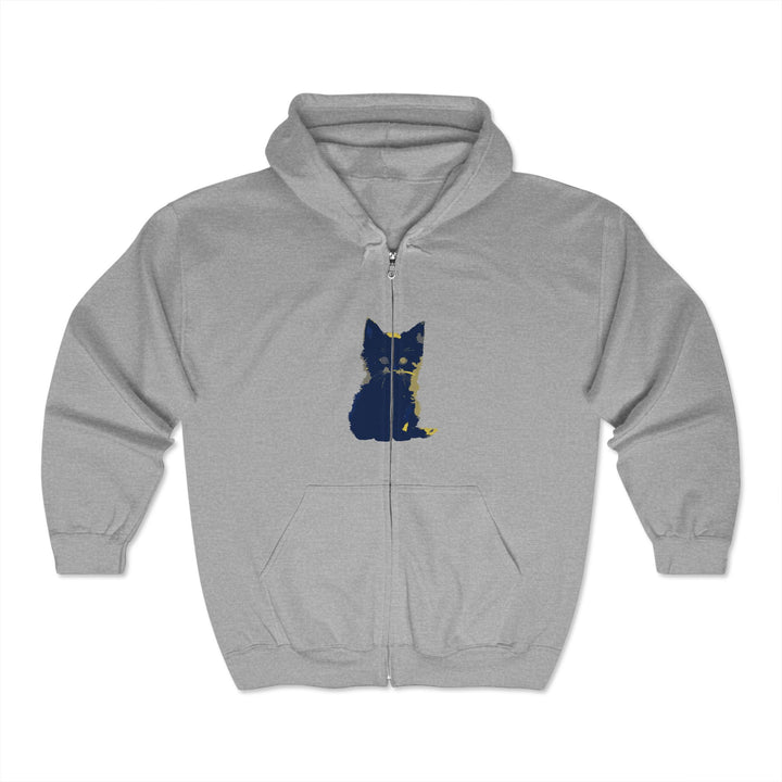  Side view of the Mystical Blue Cat Watercolor Hoodie showcasing the cozy hood and front pocket