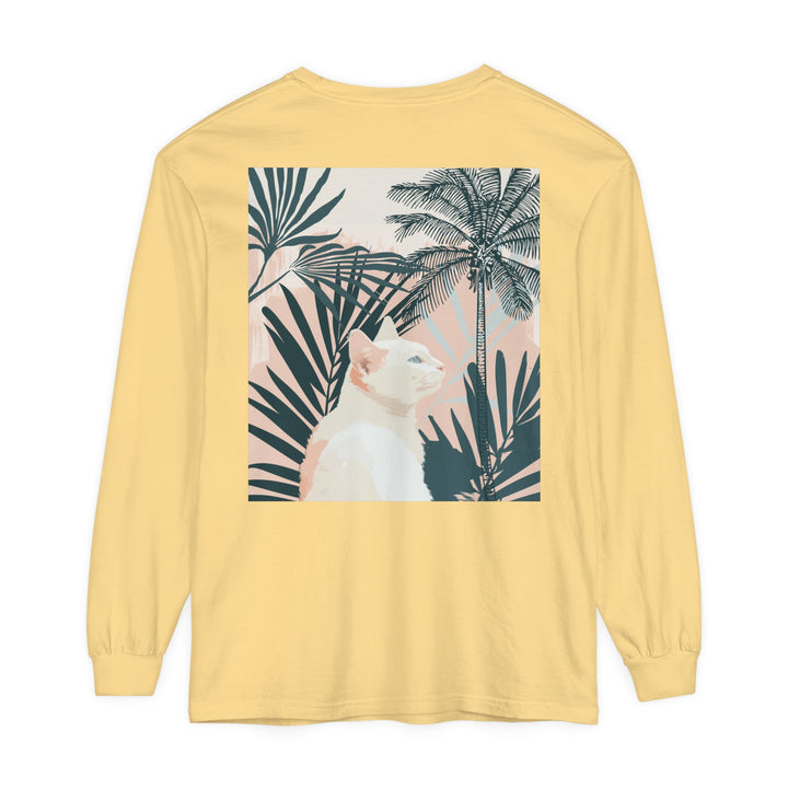 White long sleeve T-shirt with a tropical mandala design and a cat posing in front