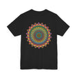 A vibrant mandala tee featuring intricate designs symbolizing spiritual peace and harmony