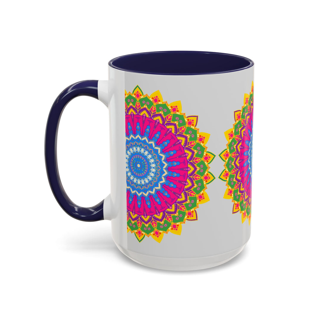 Colorful ceramic mug with a geometric mandala design in vibrant hues