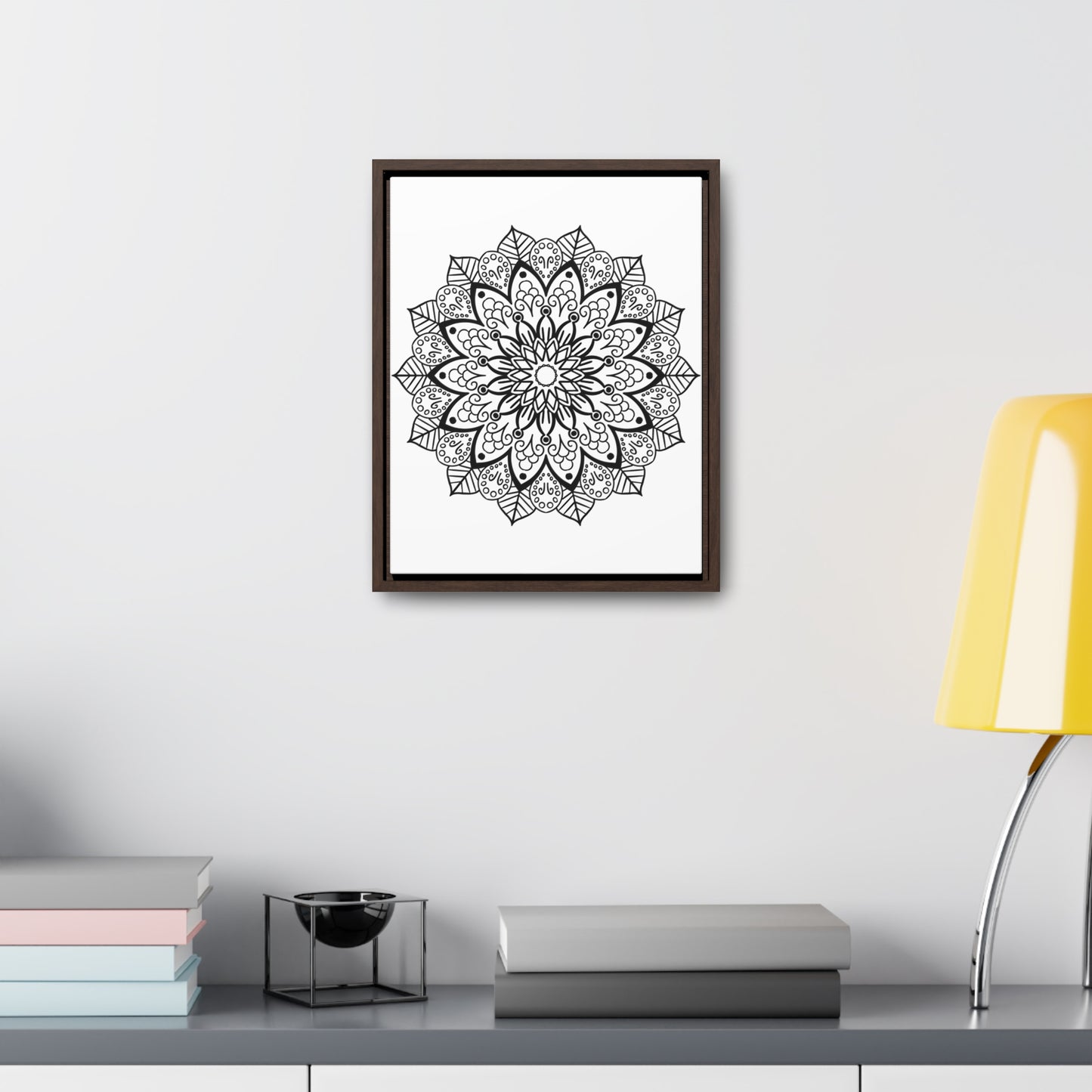 Handmade black and white mandala art on gallery canvas wraps, in vertical frame