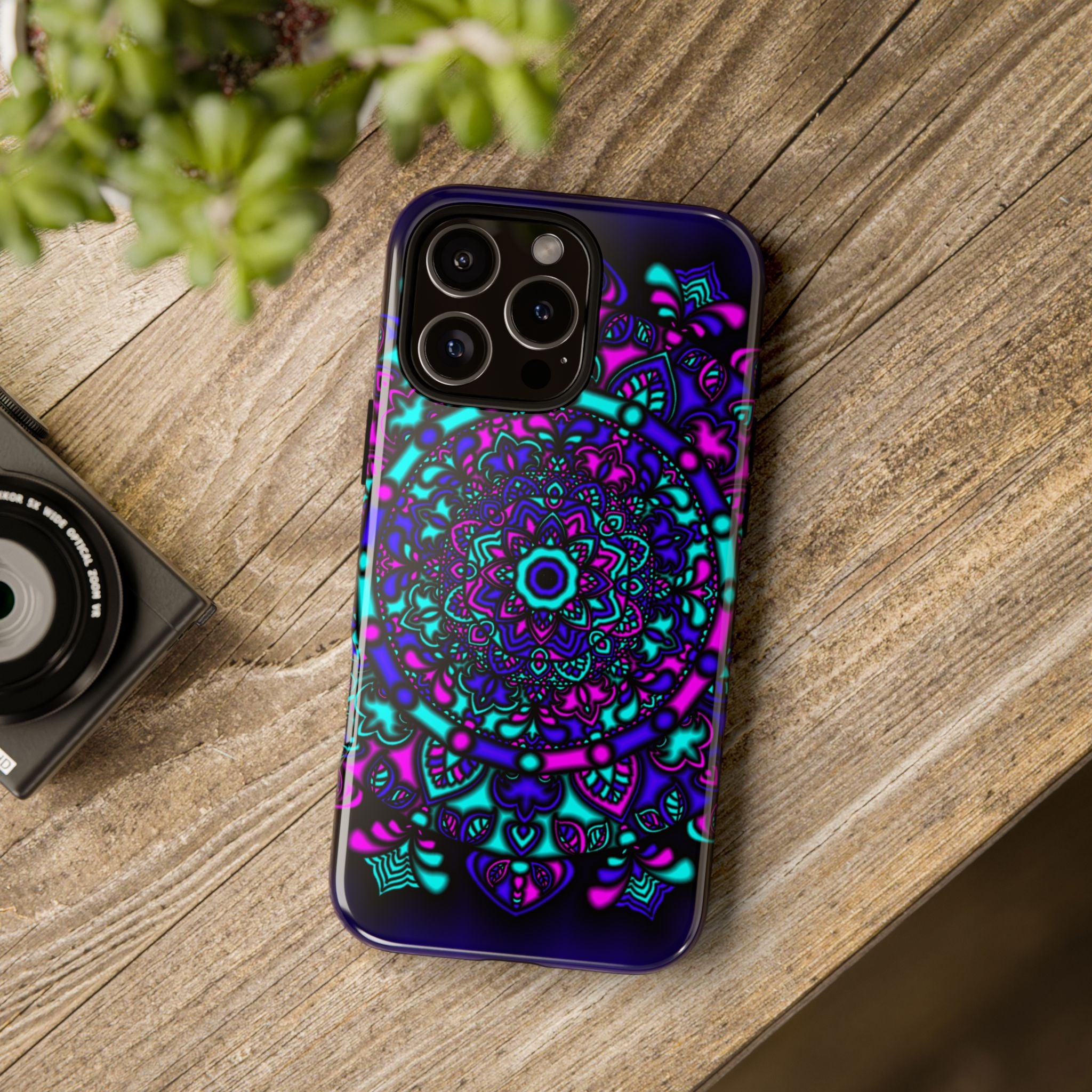 Mandala Neon Phone Case — Purple & Teal Protective Tough Case