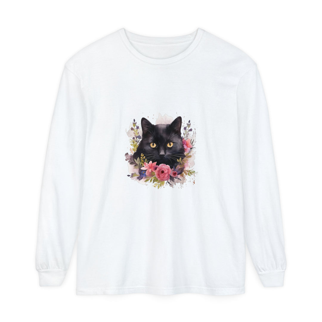 A stylish black long sleeve t-shirt with a watercolor floral design