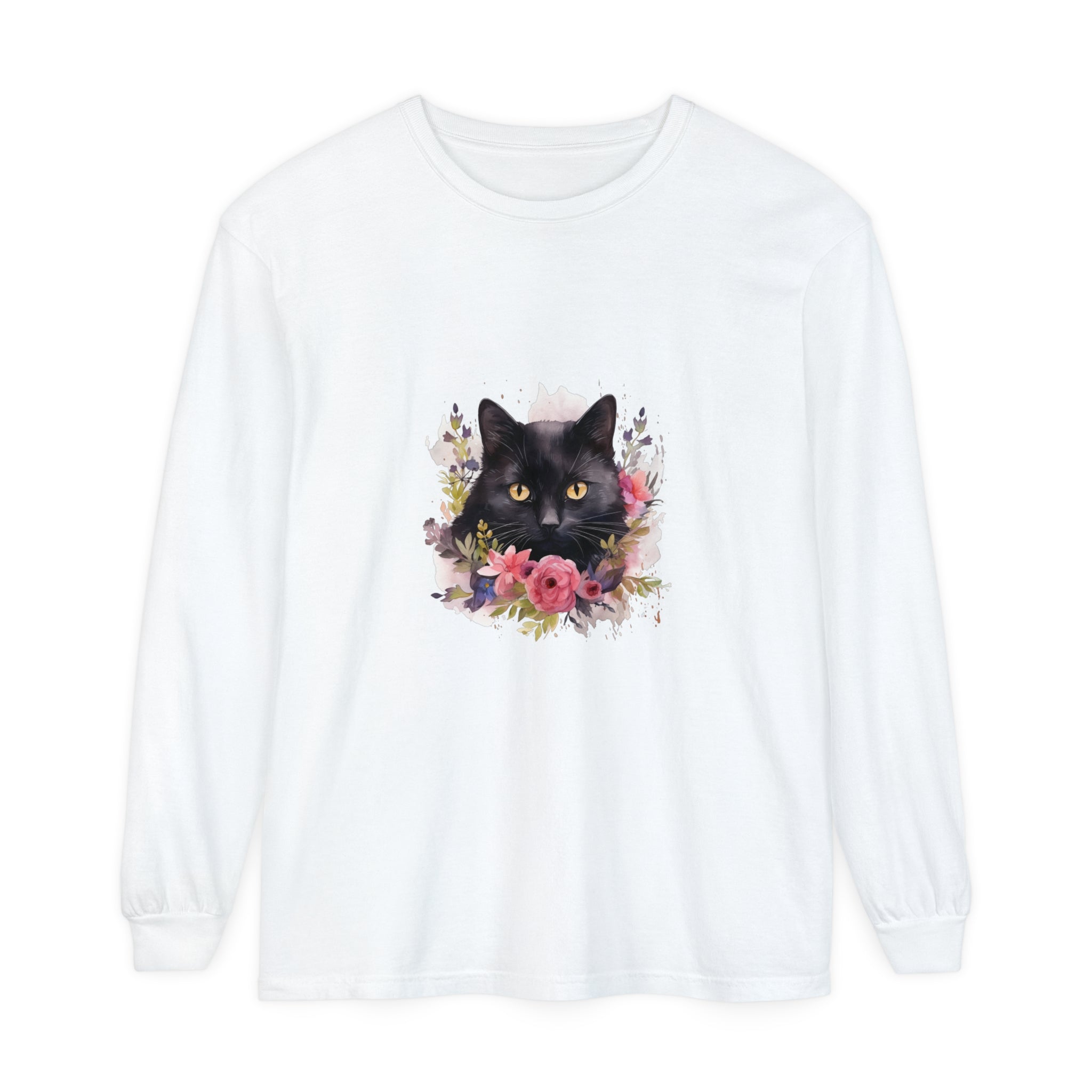 A stylish black long sleeve t-shirt with a watercolor floral design