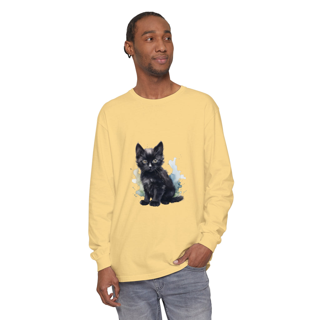 Black Kitten Watercolor Long Sleeve T-Shirt featuring adorable watercolor-style kitten design on black fabric