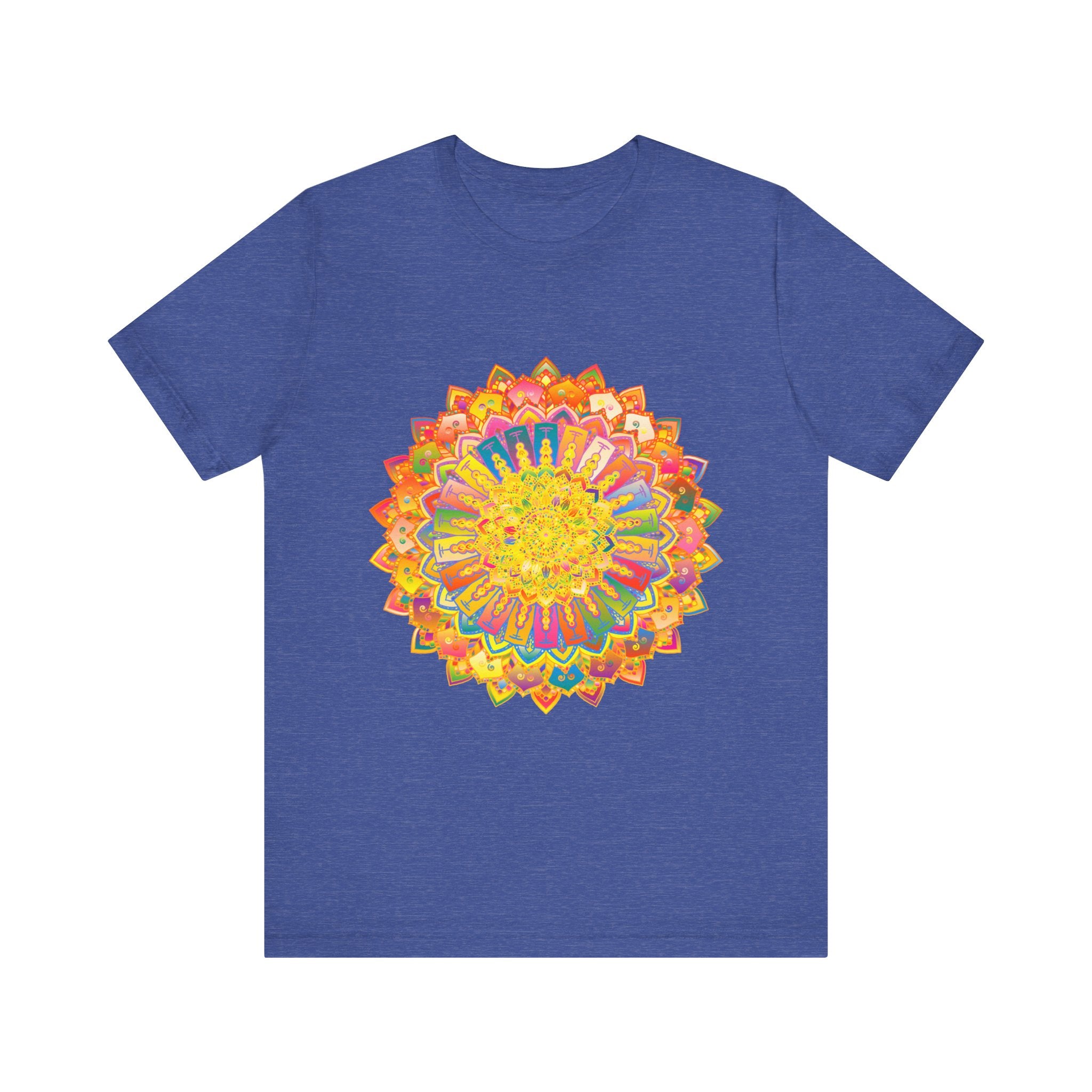 A close-up image of the Intricate Mandala Tee - Colorful & Peaceful showcasing the vibrant and detailed mandala design in beautiful, calming hues