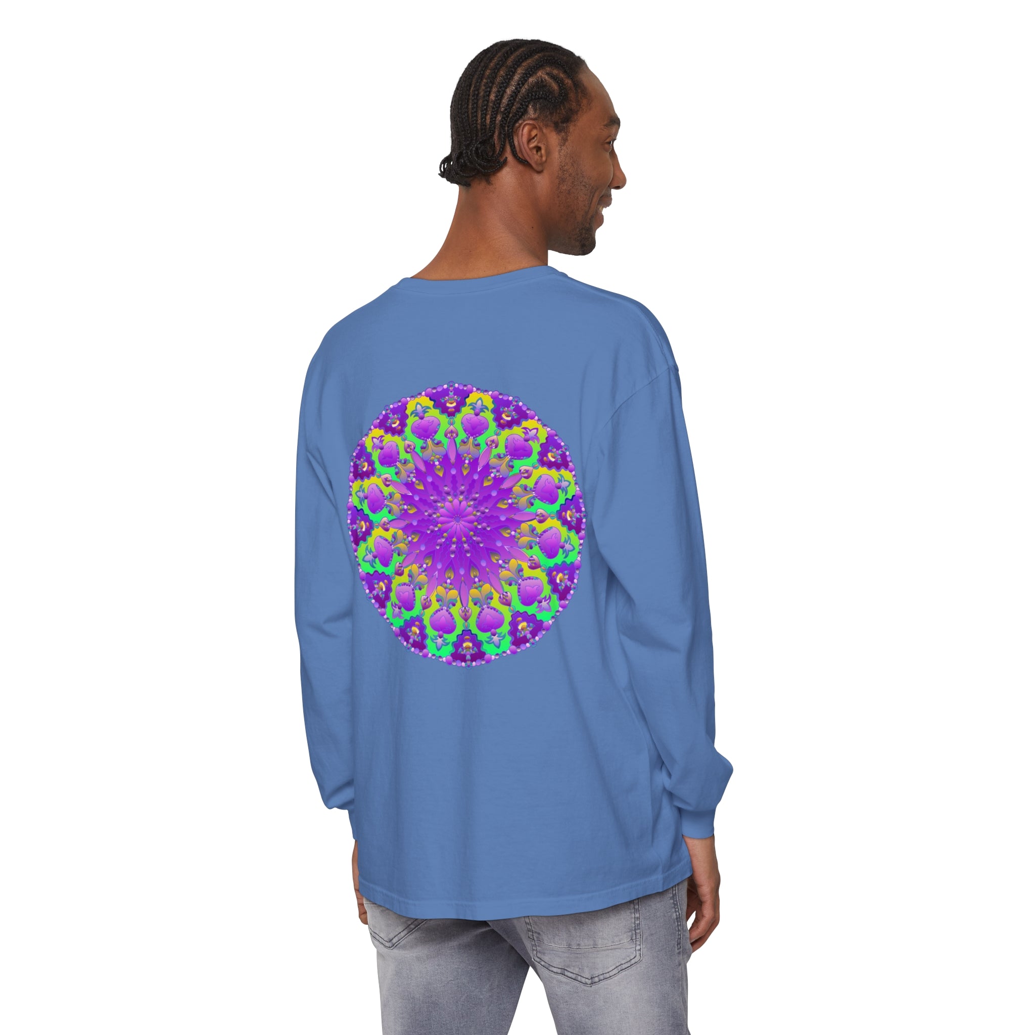 Vibrant purple and green mandala long sleeve t-shirt with intricate design