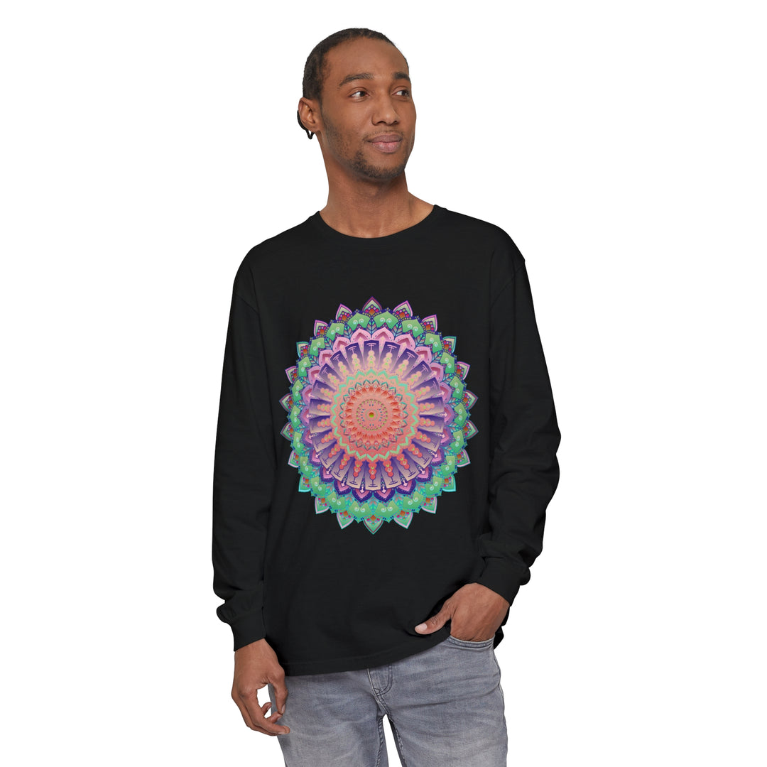 Vibrant and eye-catching mandala design on a unisex long sleeve tee