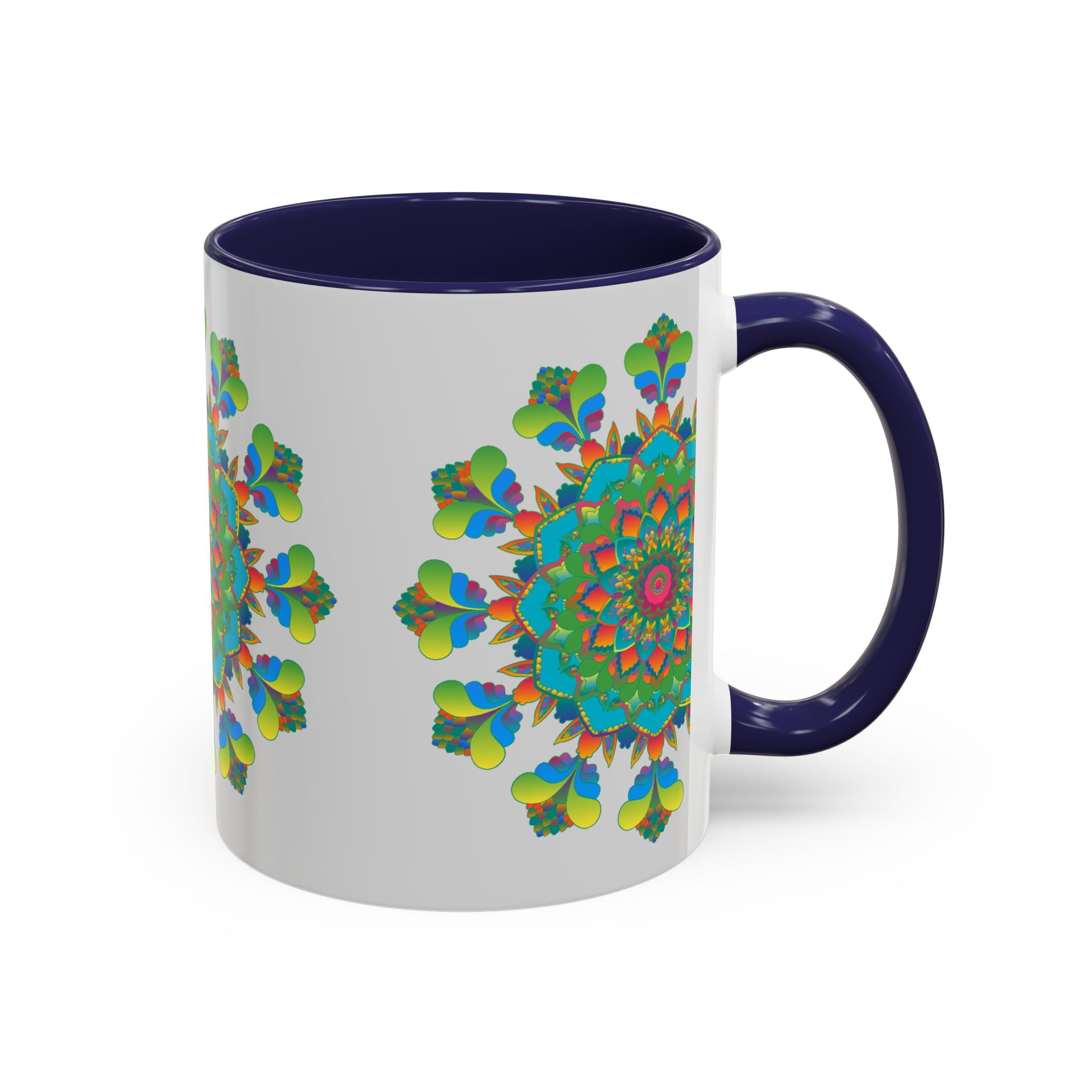 A beautiful mandala art mug with vibrant colors on a grey background, perfect for enjoying your favorite hot beverages