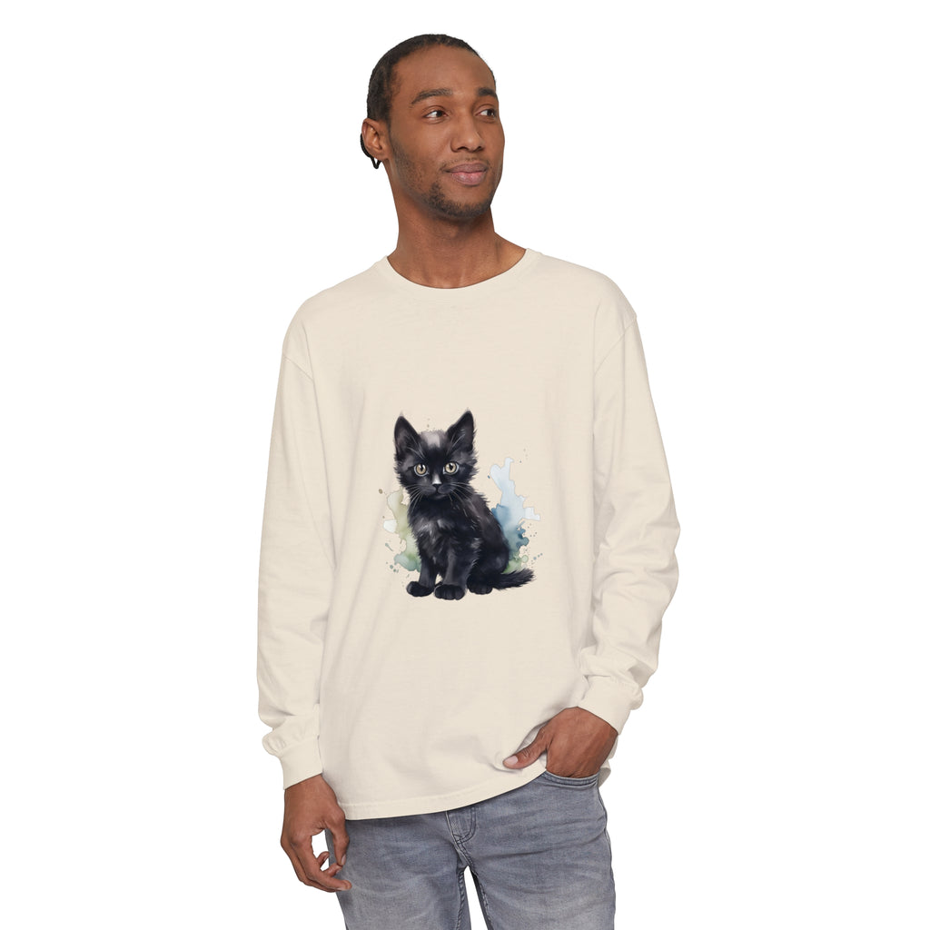 Black Kitten Watercolor Long Sleeve T-Shirt with adorable cat artwork design