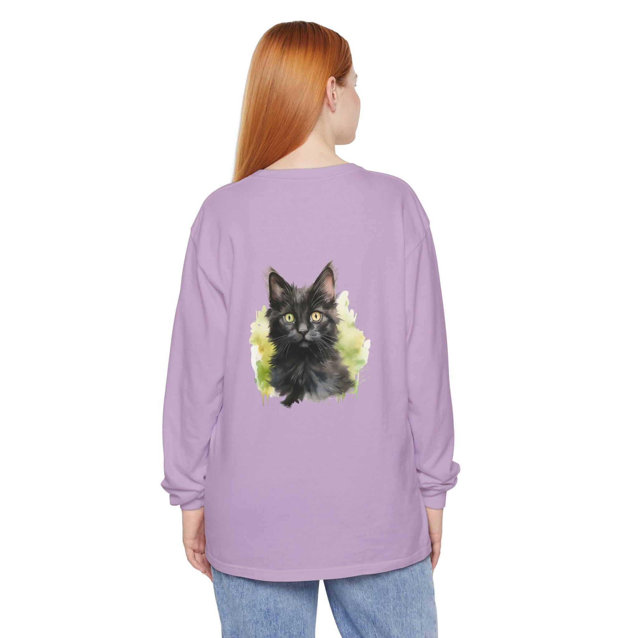 Maglietta a maniche lunghe con motivo acquerello gattino nero