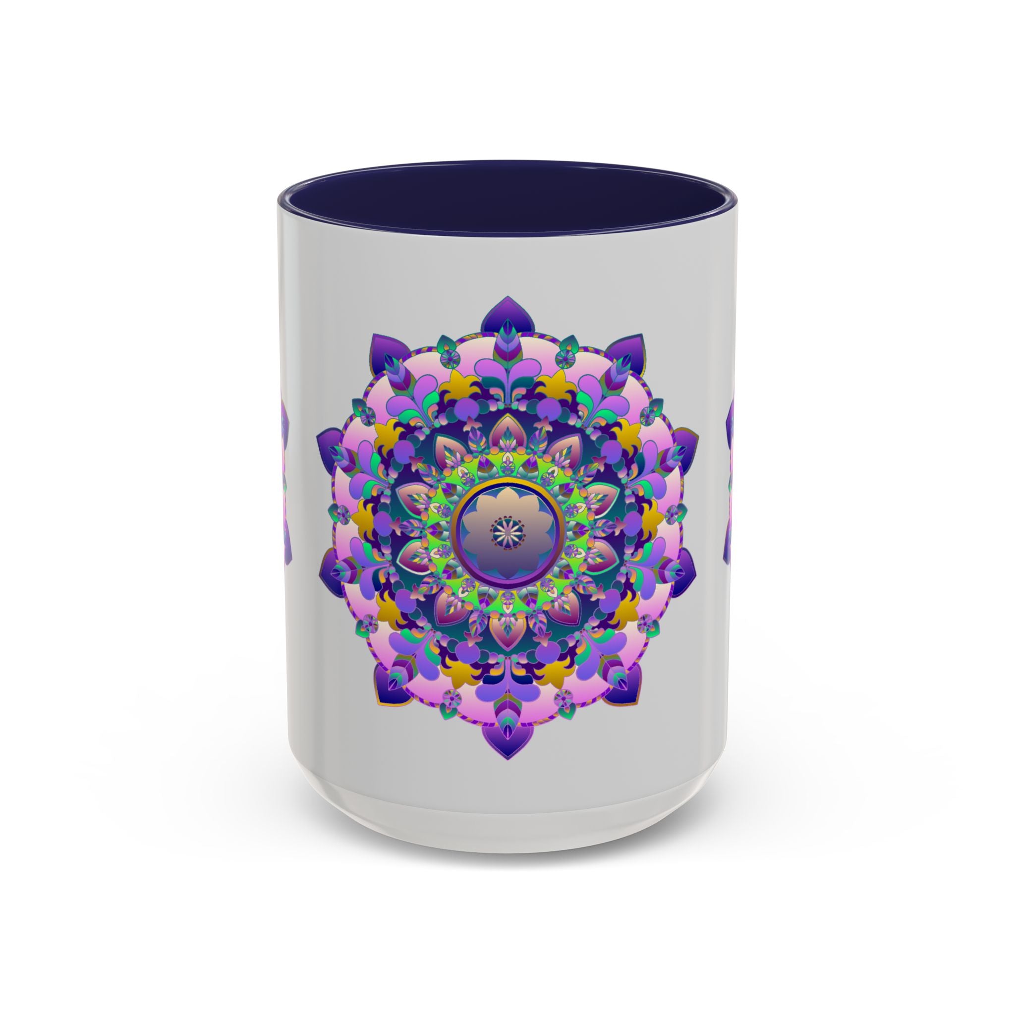 A vibrantly colored ceramic mug featuring a stunning mandala art design with intricate floral patterns