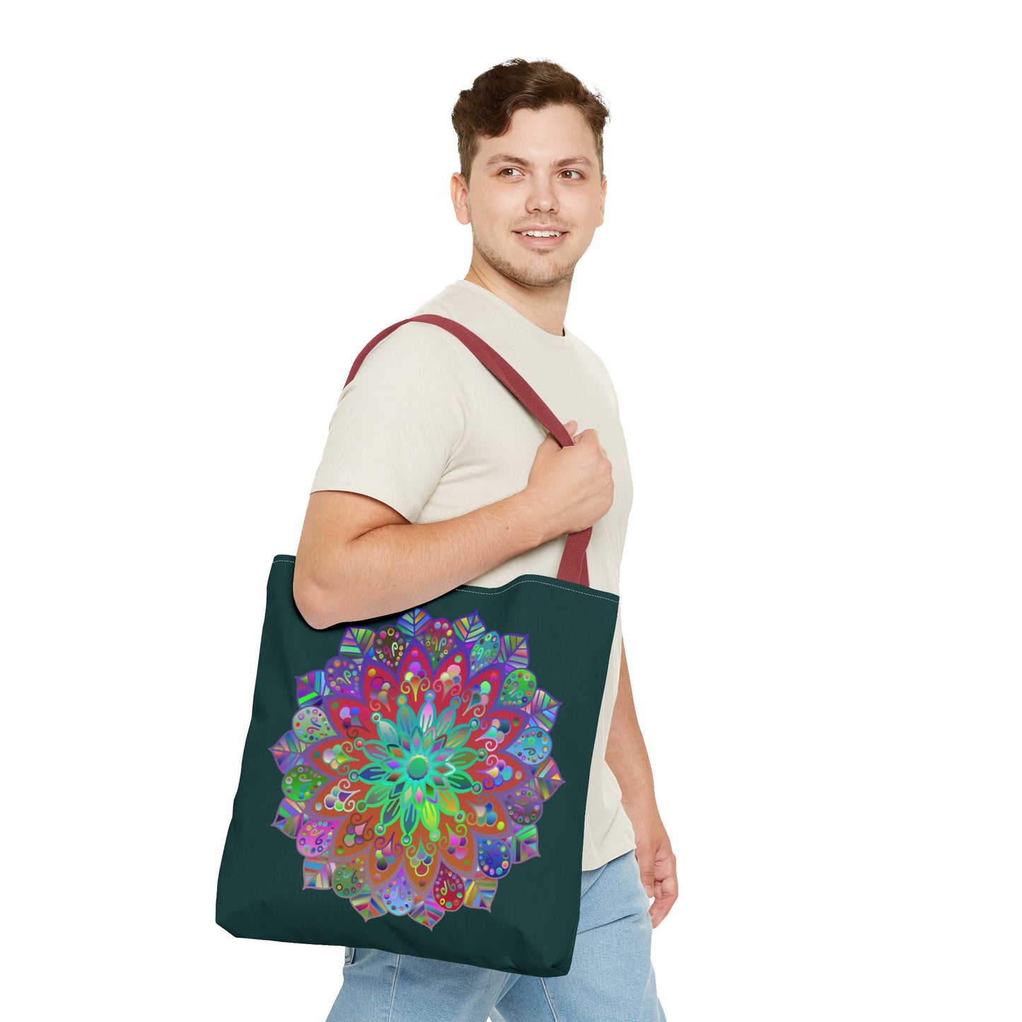 Dark green tote bag with intricate and colorful mandala design, perfect for adding a touch of bohemian style to your outfit